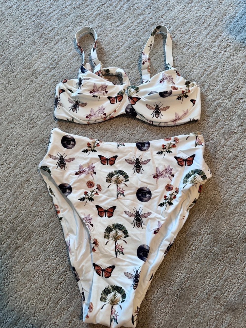 Anthropologie Malai White Botanical & Insect Print High-Waist Bikini Set